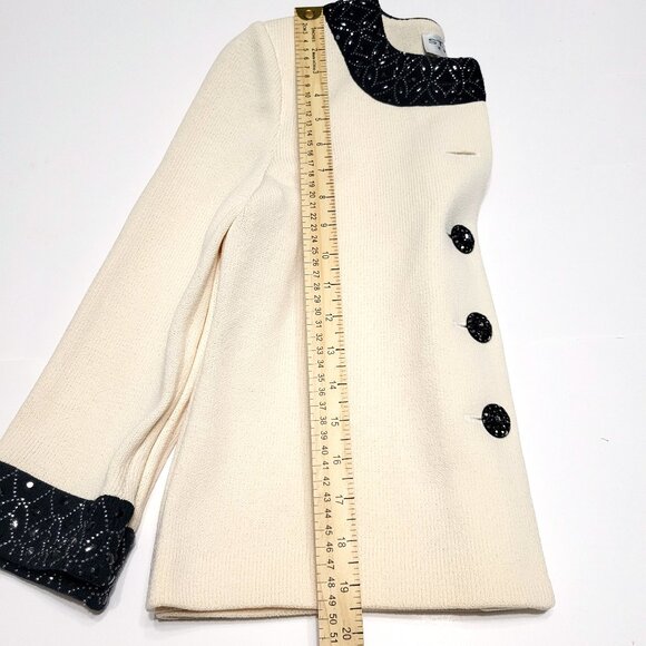 ST JOHN Evening Womens Beaded Santana Knit Jacket Size 2 Buttons Cream & Black - Picture 8 of 14